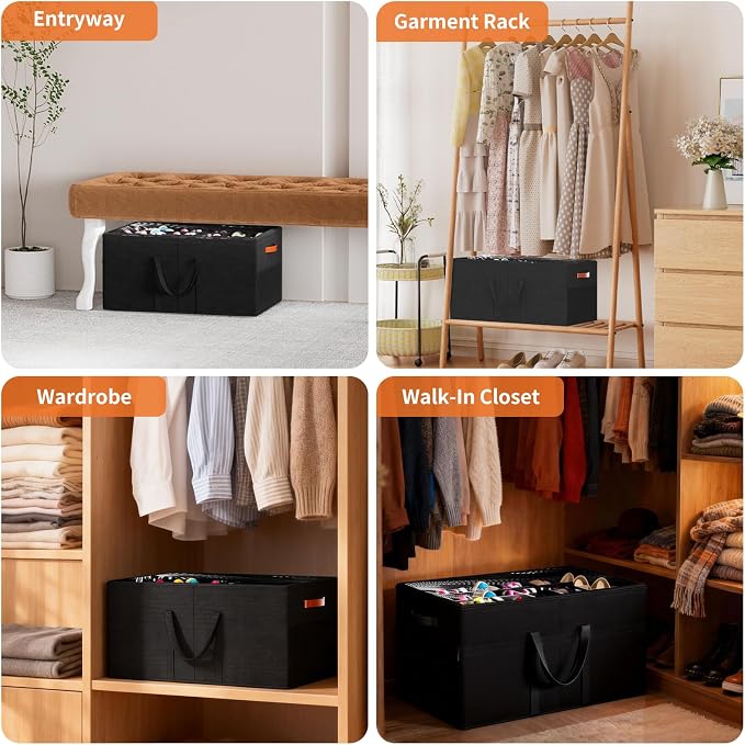 Aokeyee 2 Pack Shoe Organizer for Closet, Large Shoe Storage Box, Black | Fits up to 48 Pairs, Stackable, Space Saving, Foldable, Shoes Organizer Bin with Clear Cover, 4 Reinforced Handles