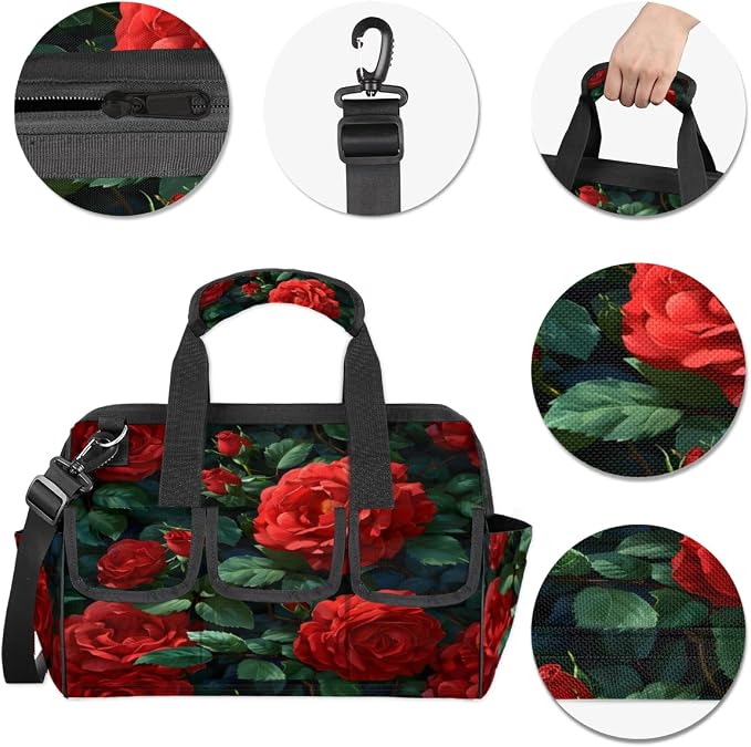 Red Rose Heavy Duty Tool Bag 14.8 Inch Red Floral Flower Portable Soft Tool Box Organizer Storage with Adjustable Shoulder Strap