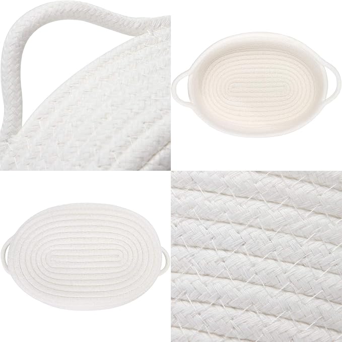 Sea Team 2-Pack Compact Woven Cotton Rope Storage Baskets, White | Knitted Decorative Organizer Bins with Handles, Portable Oval Containers for Small Items, Keys, Makeup, Jewelry, Trinkets
