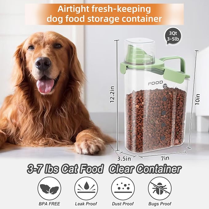 LEAWALK Dog Food Storage Container, Upgraded Large Nozzle BPA-free, 3-5 LBS Plastic Pet Food Storage Containers, With 3 Sealed Clasps, 1 Measuring Cup and Handle (Bright Green)
