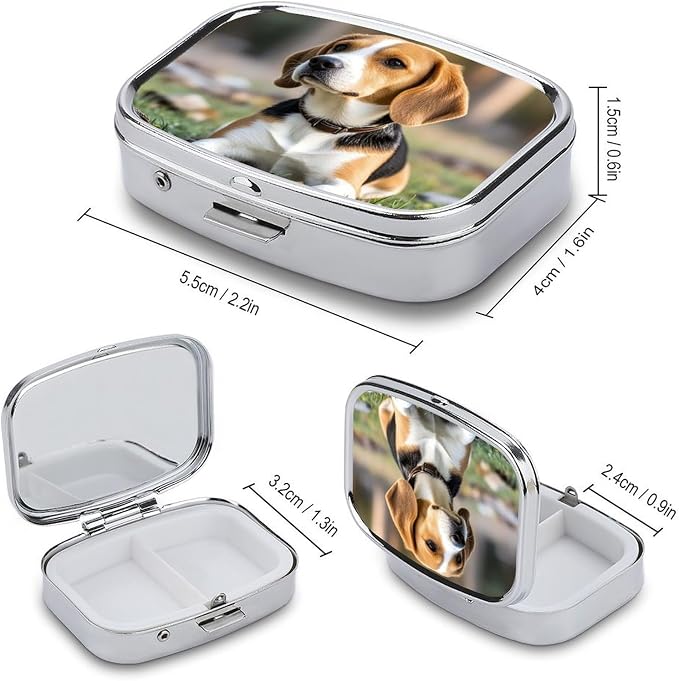Metal Pill Organizer 2 Compartment Travel Pill Case with Mirror Waterproof & Leak-Proof Pet Dog Beagle Pill Boxes for Daily Meds Vitamins Supplements Fits in Purse Pocket Bag