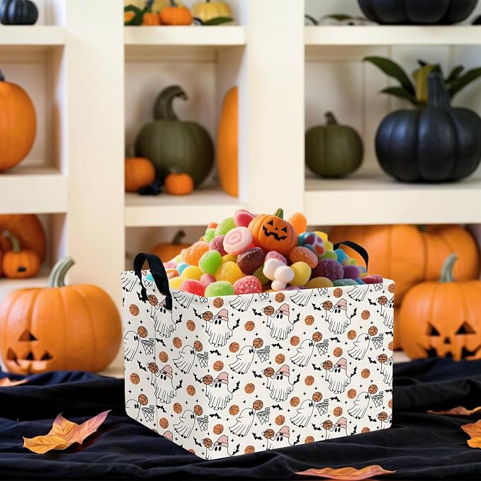 Large Halloween Basket Gift Cute Ghost Parties Decor Kid Trick or Treat Basket for Boys and Girls Rectangular Storage Bin Box (Ghost Basketball)