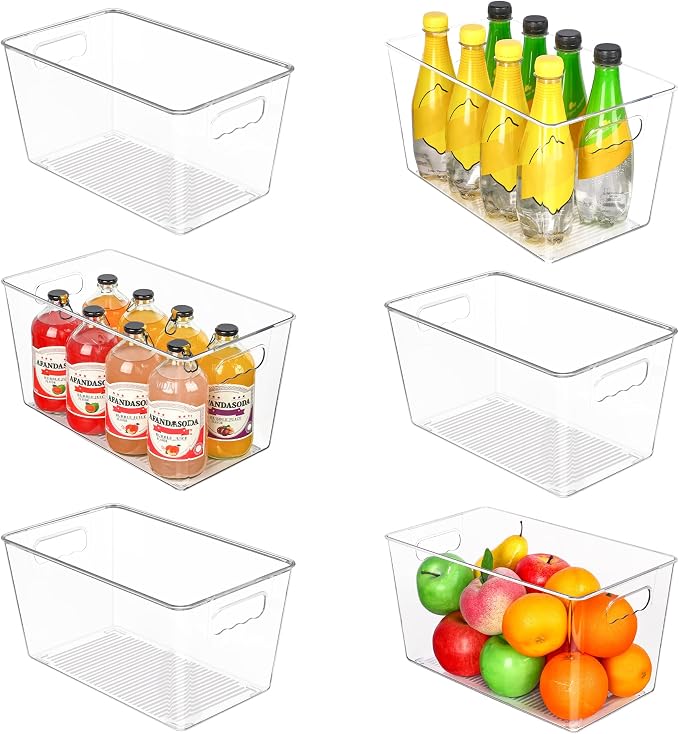 Vtopmart 6 Pack Clear Storage Bins, Pantry Storage Bins with Handle, XL | Plastic Pantry Organizer Containers for Kitchen, Refrigerator, Fridge, Cabinet, Countertops, Home Organization and Storage