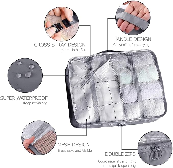 LANSKLBD 6/8 Set Packing Cubes for Suitcases Travel Luggage Packing Organizers,Travel Accessories Essentials Luggage Organizer with Shoe/Tioletry/Laundry Bag (Grey, 6 set)