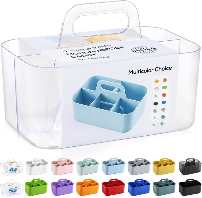 Multiuse Caddy Organizer with Handle, Portable Plastic Tote Bin - Art Craft, Stationary Pen Marker Crayons, Makeup Hair Supplies Storage - Bathroom, Classroom, Dorm, Office, Desk Holder -Frosted Clear