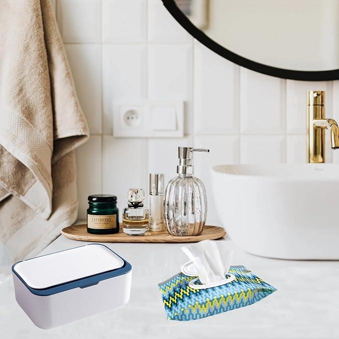 Wipes Dispenser Set,1 Wipe Box & 2 Portable Pouches,White Blue | Refillable Reusable Large Wet Wipe Holder, Flushable Wipes Case Bathroom Wipes Container for Pet Nursery Kitchen Office