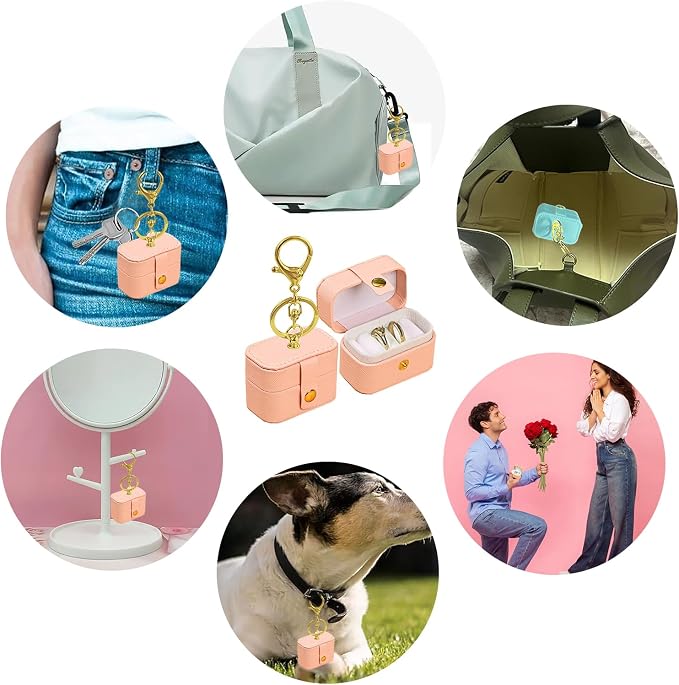 Ring Bearer Pillows for Dog Collar, PU Leather Wedding Ring Pillow Box for Pet, Mini Ring Holder Pouch Box, Earrings Storage Box for Proposal Engagement Wedding Ceremony Party (Peach Pink)