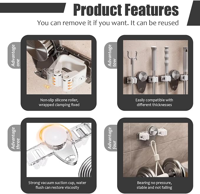 2PCS Suction Cup Broom Holder Wall Mount, No Drill Mop and Broom Organizer with Retractable Towel Rack, Transparent Bathroom Storage, Grey Holder and Mop Wall Mount Hanger Organizer Hanging