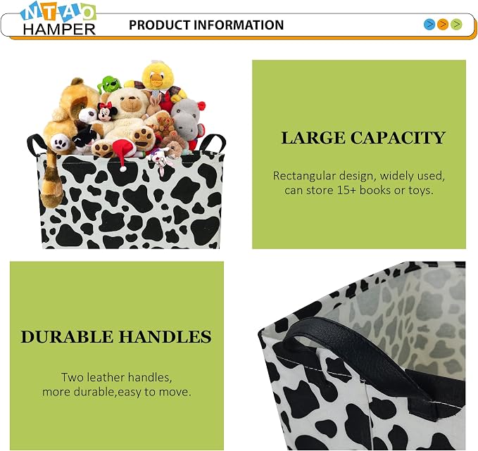 NTAOHAMPER Rectangular Cow Storage Basket, Waterproof Cowprint Box with Handles, Room Decor, Gift Basket for CowLovers, Collapsible Storage Bin(Cow)