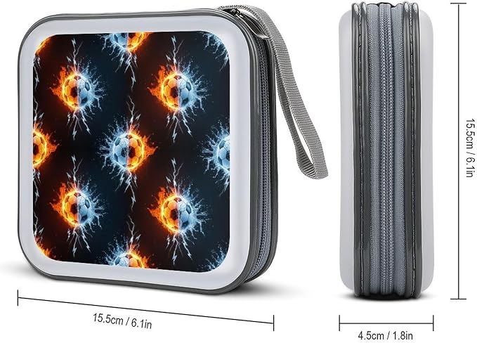 40-Disc Capacity CD/DVD Case Football Ice And Fire Soccer, Hard Plastic Protective Storage Binder with Zipper, Portable Organizer for Car Home Office