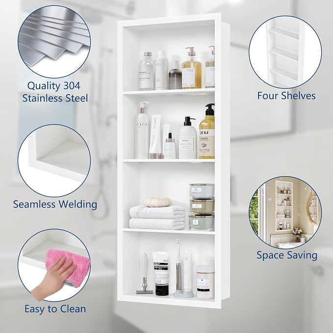 Qeke 14x 36 Medicine Cabinet Recessed with 4-Tiers Shelves, Matte White | 304 Stainless Steel Medicine Cabinet without Mirror, No Tile Needed Wall Niche for Bathroom Storage, Space Saving & Durable