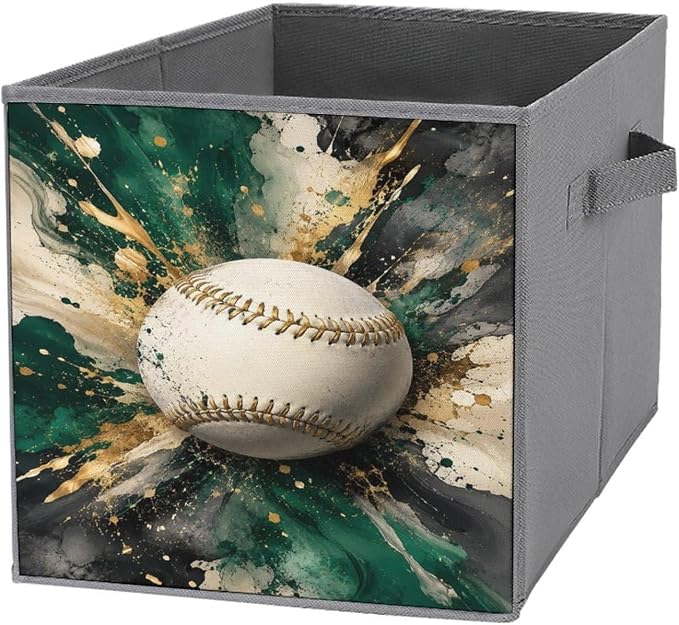 Baseball Art Abstract Splash Design Storage Bin with Handles, Oxford Fabric Foldable Storage Cube Organizer for Clothes, Towels, Bedroom, Living Room, Home Organization
