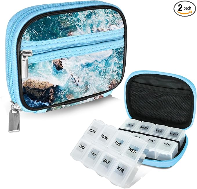 Serfeymi Weekly Travel Pill Organizer Pill Case for Purse with Removable 7 Day Pill Box, Fashionable Travel Medicine Organizer Pill Container for Medicine, Vitamin, Supplement - Blue 03 + Pill Box