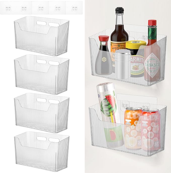 4 PCS Adhesive Kitchen Cabinet Door Organizer Storage Caddy, Clear Lid Organizer Cabinet Door Wall Mounted Pantry Storage Organizer for Food, Under Sink Door Storage Shelf for Kitchen Bathroom Office