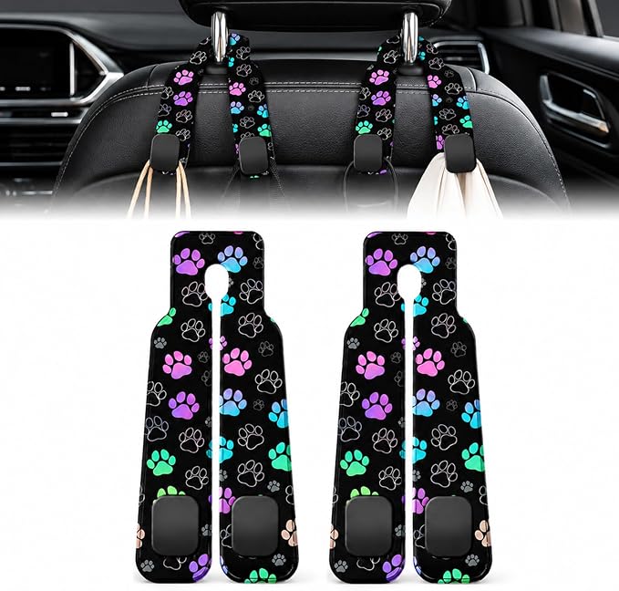2 Pack Colorful Paw Car Headrest Hooks for Purses and Bag Seat Back Hanger | Pet Paw Print Car Accessories Metal Hook,Pet Lover Gifts for Women Men,PU Leather Double Metal Hook for Backseat Organizer