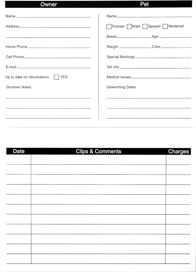RXBC2011 105 Pack Pet Grooming Information Cards Dog Cat Grooming Customer Information Card Groomer Client Record Clip Cards