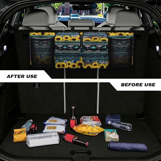 Dreaweet Sunflower Aztec Trunk Organizer for Car Women Green Back Seat Hanging Organizer with 4 Pockets Portable Collapsible Trunk Organizer for SUV Sedan Van Car Storage Accessories Interior