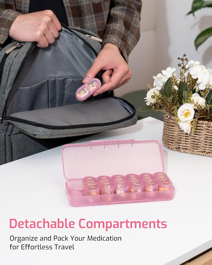Daviky Pill Organizer 2 Times a Day, AM PM Pill Organizer Box Weekly 7 Day | Portable Travel Pill Organizer, Cute & Compact, Easy-Open Large Compartments, Reusable for Pills, Vitamins & Supplements