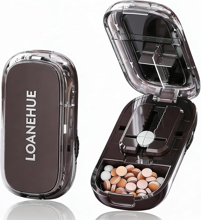 Precision Pill Cutter for Small and Tiny Pills, Sharp Blade with Storage Compartment, Travel-Friendly 1/2 1/4 Pill Splitter for Home/On-The-Go, Black