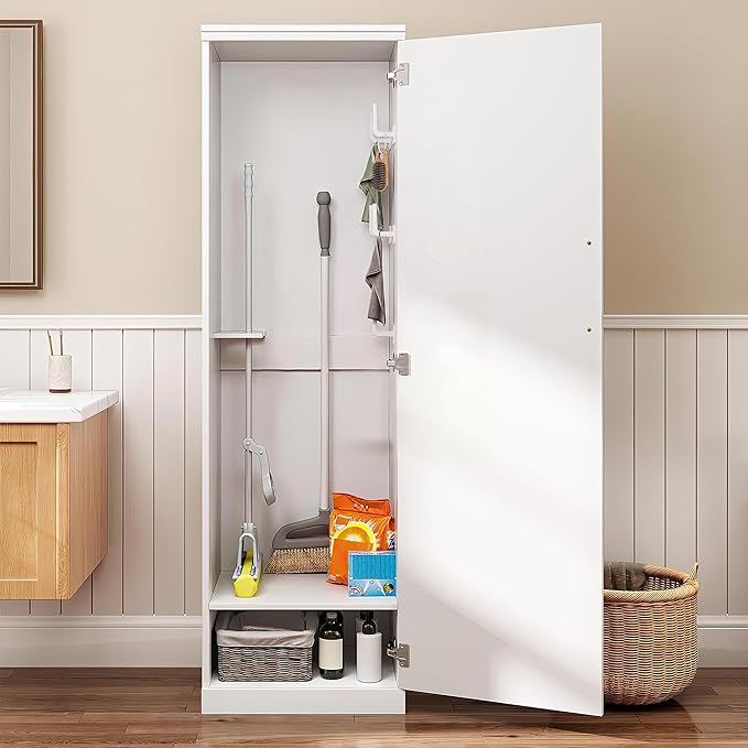 Broom Closet Storage Cabinet, 65" H Slim Utility Closet White | with Door and Shelf, Tall Vacuum Storage Cabinet with Hooks for Cleaning Tool, Broom Closet Organizer for Bathroom, Garage