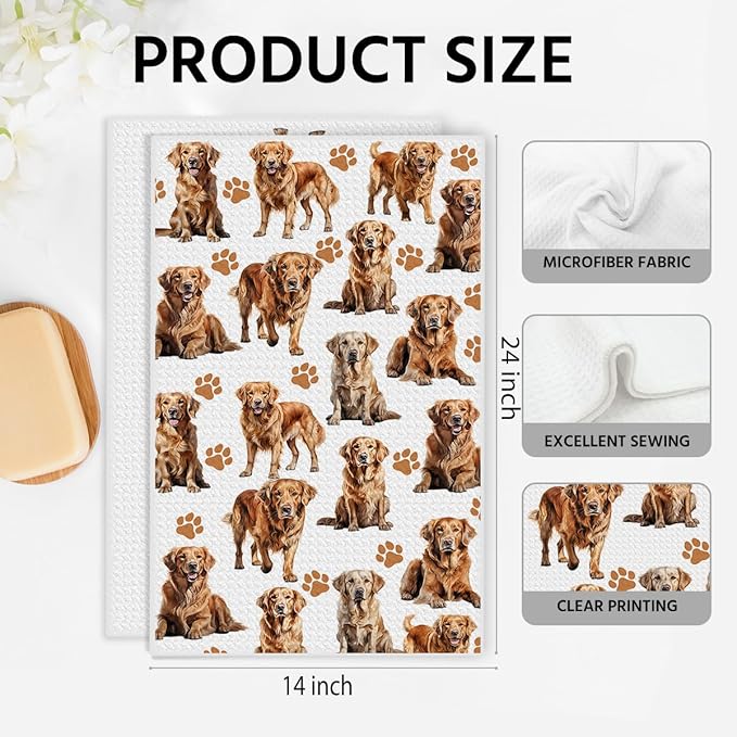 Golden Retriever Waffle Weave Kitchen Towels, Quick Dry Multipurpose Hand Towels for Bathroom, Absorbent Reusable Cloth Tea Dish Towels for Home Decor, Dog Lover Gift Towel Set of 2
