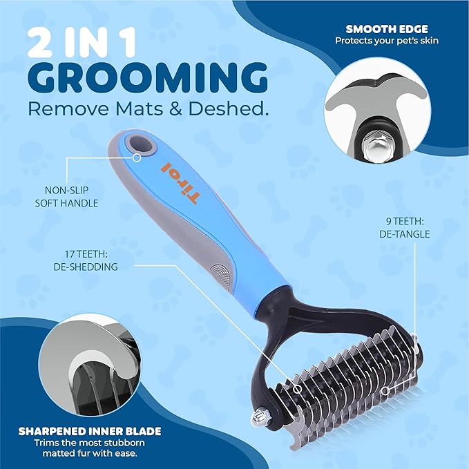 TIROL Dematting Comb for Dogs, Pet Grooming Rake, Double-Sided Dog Brush for Shedding, Undercoat Mat Dematting Tool for Long Haired Cats, Deshedding Brush for Cats, Cat Comb for Grooming Matting Hair