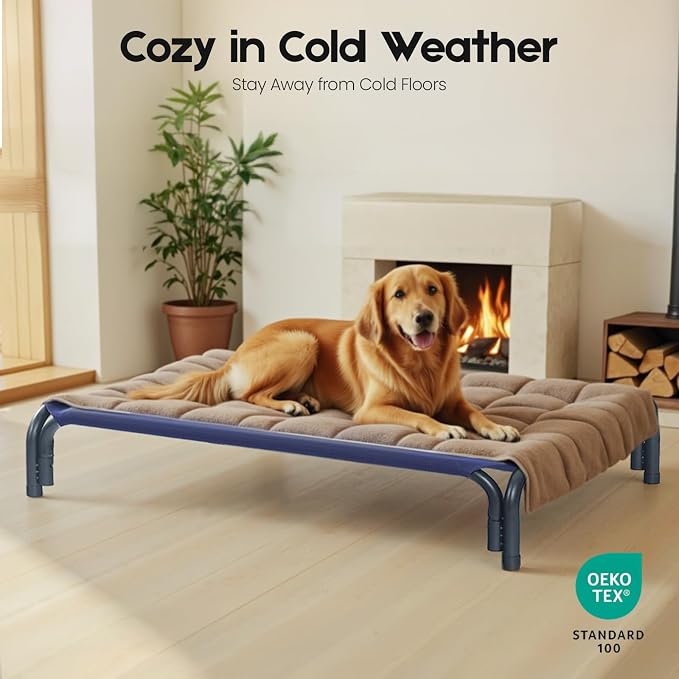 Elevated Dog Bed Raised Outdoor Dog Cot for Medium Dogs, Installation Requires No Tools, Frame with Washable Cooling Breathable Mesh Anti-Slip Feet, Indoor Pet Bed, Blue, 35.4 Inches