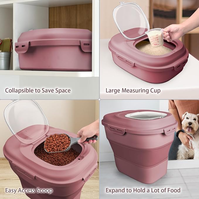 Komzon Rice Storage Bin Cereal Containers, 13-50lb Collapsible Rice Container Dispenser with Transparent Lid, Rolling Wheels, Measuring Cup and Scoop, Airtight Dog Cat Pet Food Storage Container Pink