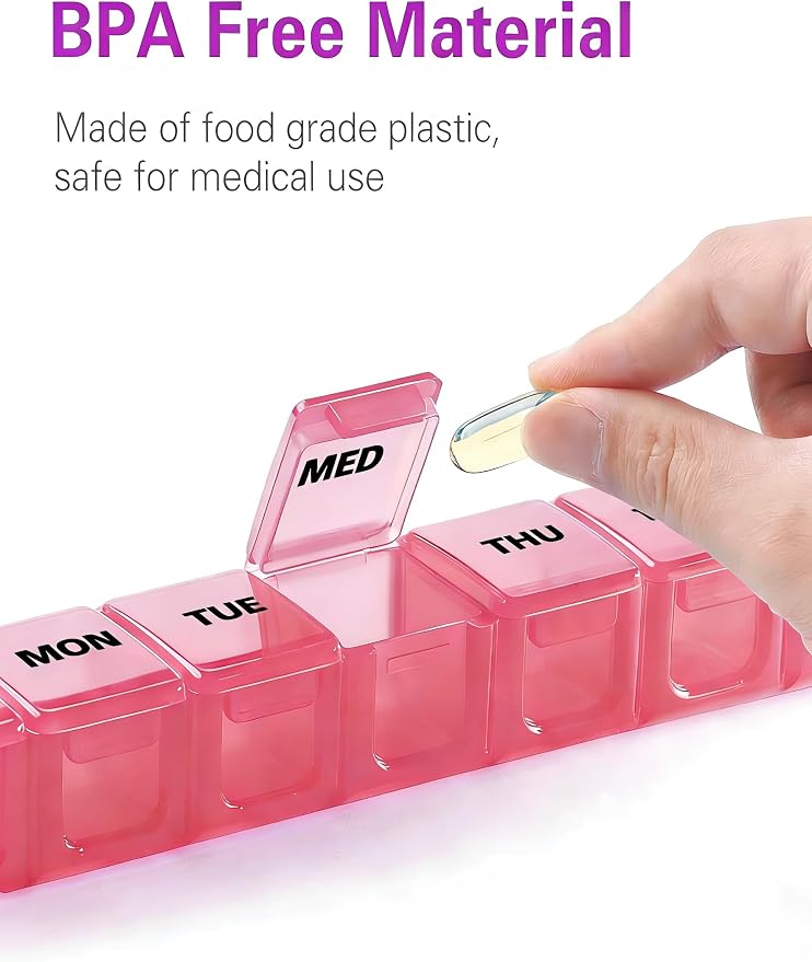 BUG HULL Weekly Pill Organizer Large 2 Packs, Extra Large Travel Pill Organizers, Pill Box 7 Day, Travel Pill Case, Medicine Pill Organizer for Vitamins, Supplements and Medications (Red+White)