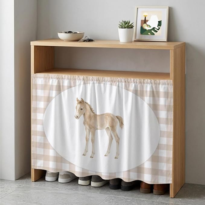 Graceful Pony Cabinet Dishwasher Hidden Curtains, Privacy Closet Door Curtain, Natural Horse Modern Farmhouse Plaid Rustic Adhesive Dust Proof Under Sink Skirt for Bathroom Kitchen 35"x35"