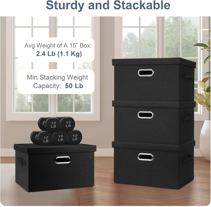 Graciadeco Medium 15" 21 Quart Collapsible Stackable Storage Bins with Lids, 1 Pack Black Foldable Fabric Closet Storage Boxes with Lids, 4 Handles Heavy-duty Linen Cube Baskets for Bedroom | 21 Quart 1 Pack Black Collapsible Stackable Linen Fabric 4 H...