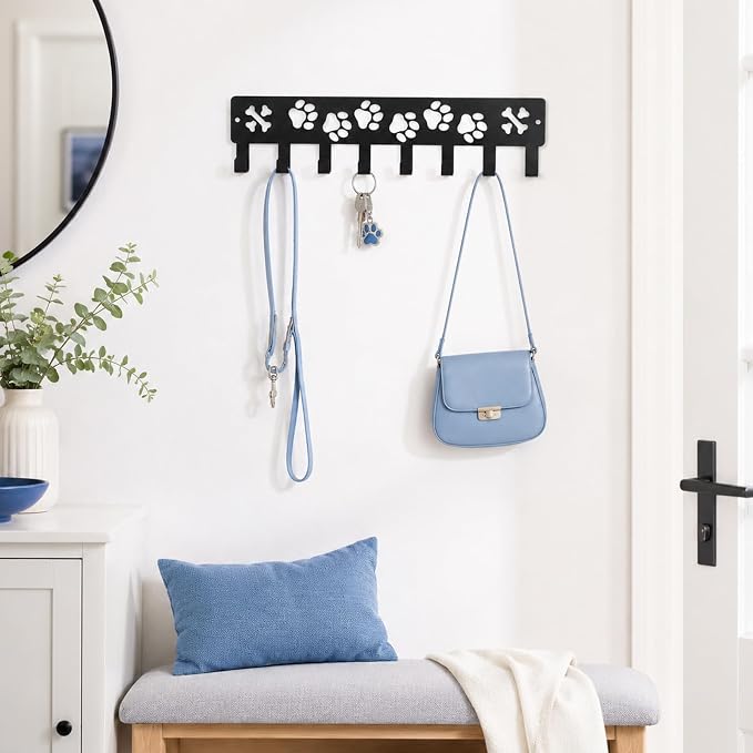 Dog Leash Holder for Wall Dog Decor Key Hangers Organizers, 1Pc | 11.8x2.75in Leash Holder for Wall Key Rack Iron Paw Design Screw Anchors Mounts for Entryway Hallway Storage