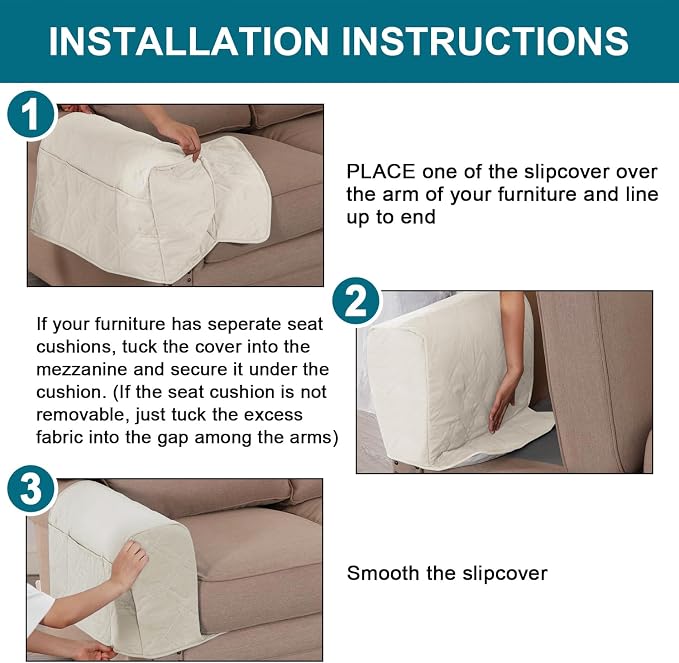 2-Pack Waterproof Armrest Covers for Couches & Chairs – Anti-Slip Furniture Protectors with Side Pockets, Washable Sofa Arm Covers, Universal Stretch Fit (Fits Most Armrests) (Beige)