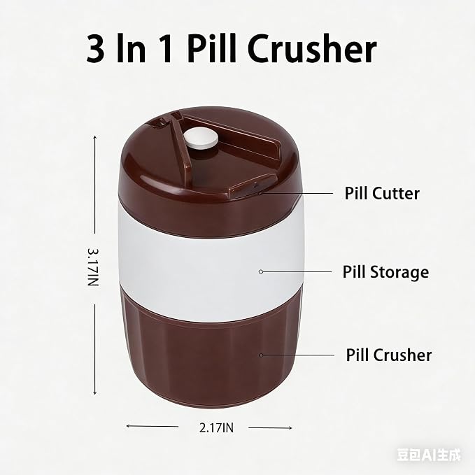 3-in-1 Pill Crusher and Cutter with Storage, BPA-Free Pill Grinder for Fine Powder, Stainless Steel Blade & Grinding Head, Portable Pill Splitter for Elderly, Pets, Travel (Brown)