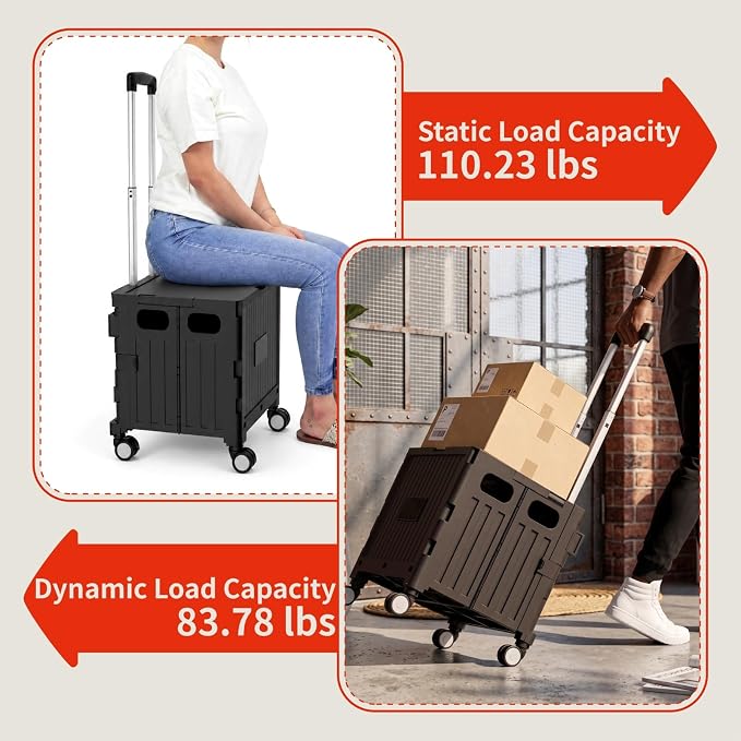 Foldable Shopping Cart with Wheels: Small Rolling Utility Crate | Adjustable Handle, All-Terrain Wheels, Multipurpose Grocery Trolley for Teacher, Market, Office, Luggage, Laundry, Garden