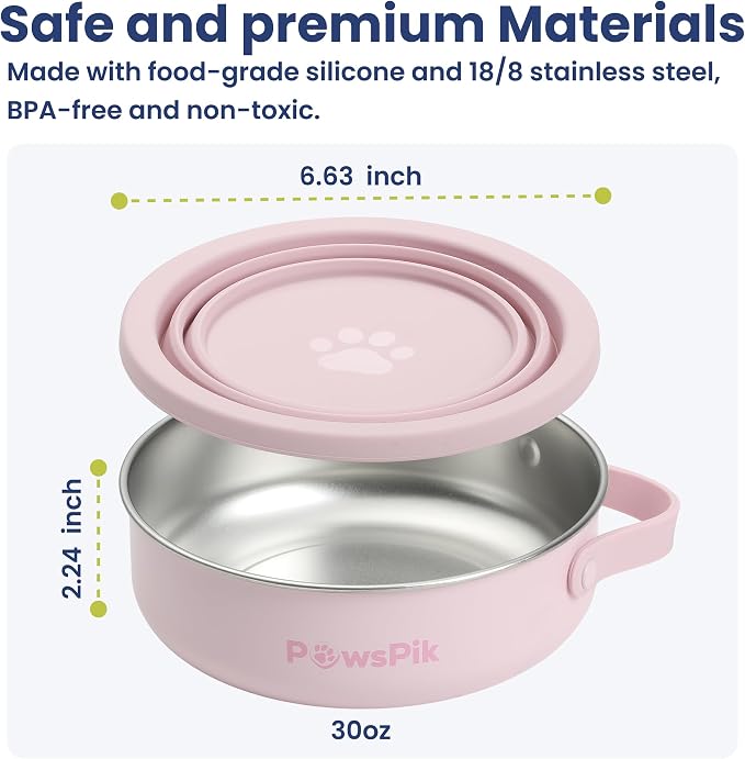 PawsPik 2-in-1 Travel Dog & Cat Bowl – Collapsible BPA-Free Silicone | 18/8 Stainless Steel, Portable & Non-Slip with Handle, Easy to Clean, Food & Water Bowl for On-the-Go Pets