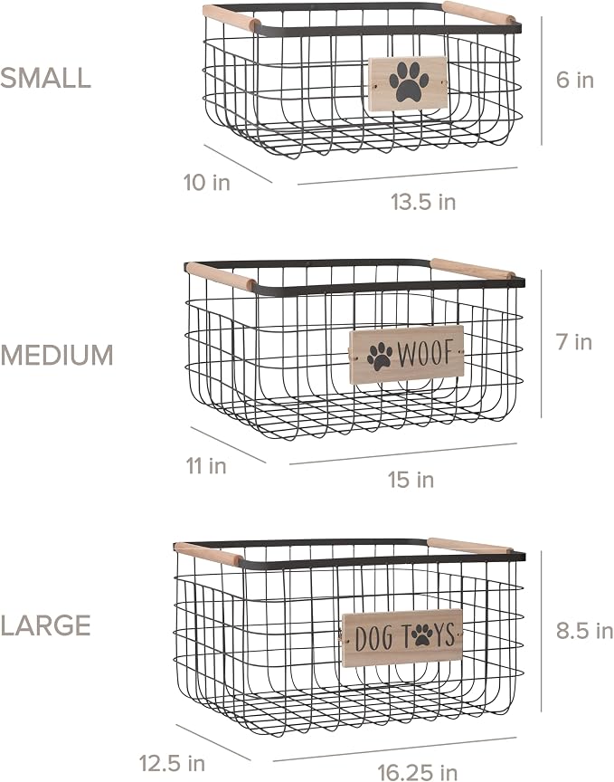 RGI Home Dog Toy Storage Baskets – Set of 3 Rectangular Metal Organizer Bins for Pet and Household Storage, Multi-Sized with Wood Accents, Durable and Rustic, Antique Gray Metal