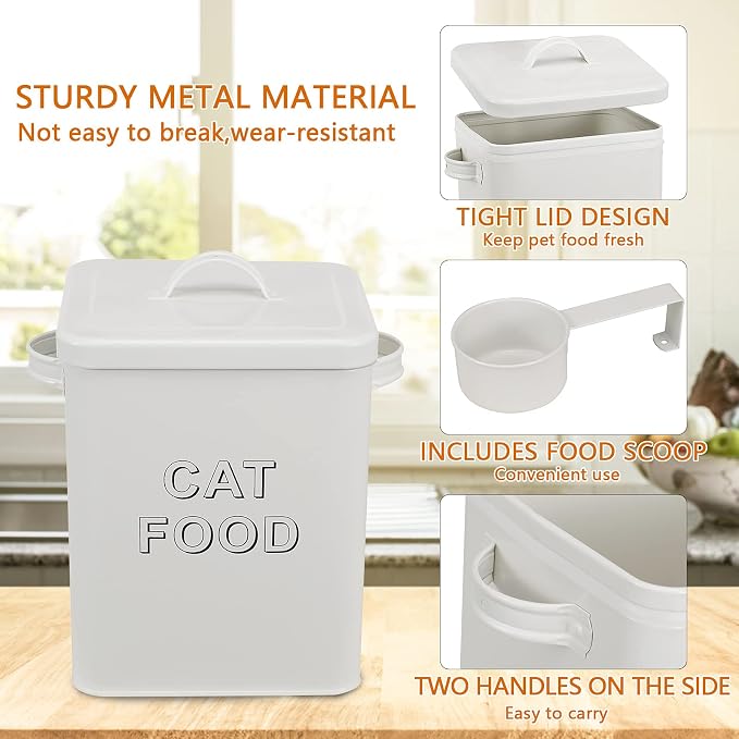 Pethiy Cat Food and Treats Containers Set with Scoop for Cats or Dogs -Tight Fitting Wood Lids - Coated Carbon Steel - Storage Canister Tins-Cat-White