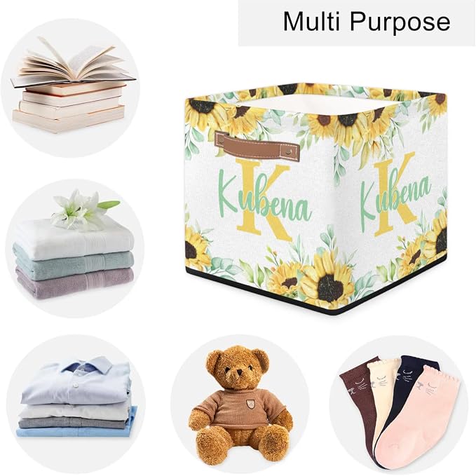 Personalized Name-Initial Sunflower Storage Baskets for Girls Women, Custom Portable Square Storage Bins with Handles Foldable Organizer for Clothes, Toys, Blanket, Towel,Pet 13”