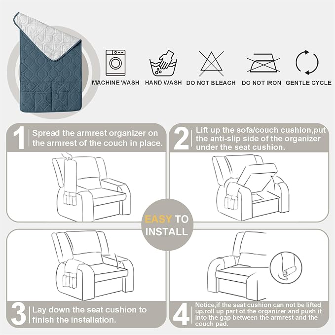 Recliner Armrest Cover with Headrest, Chair Armrest Slipcover with Side Pockets, Water-Resistant, Non Slip Furniture Protector for Pets (Gray Blue,3 Seater 5PCS)