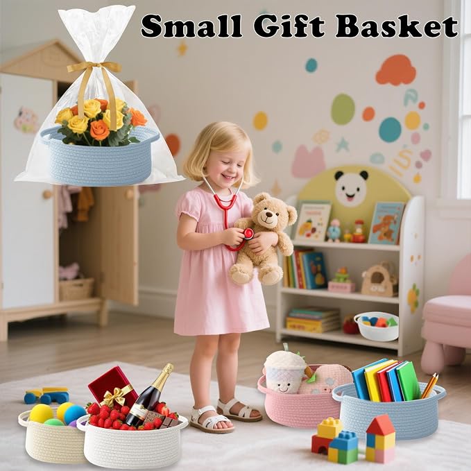 Blue Woven Rope Basket - Baby Gift Basket with Bag & Ribbon | Cotton rope with handle, 12x8x5 in, gift bag and ribbon, for baby shower, birthday, toy storage, nursery, shelf decor
