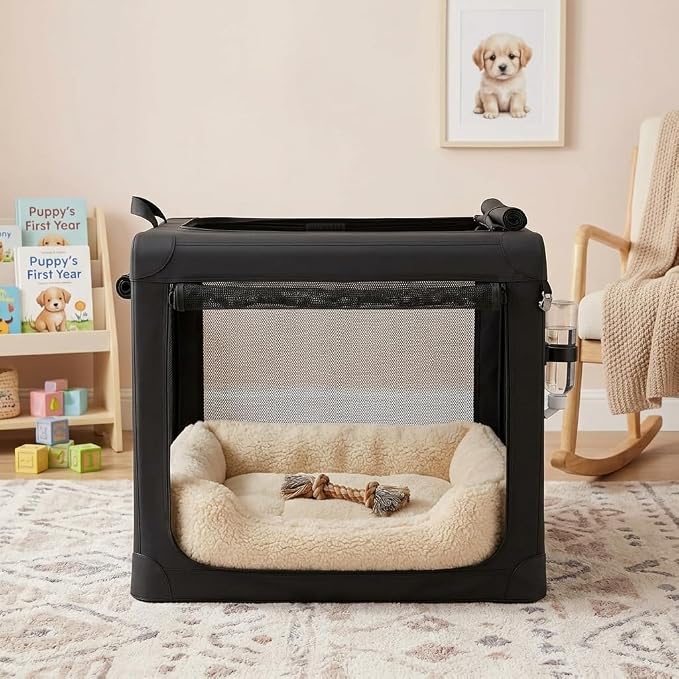 24 Inch Foldable Soft Dog Crate, Portable Travel Pet Carrier for Small Dogs, Airline Approved Dog Kennel with Washable Pad & Storage Bag, Indoor Outdoor Use (Up to 30 lbs, Black)