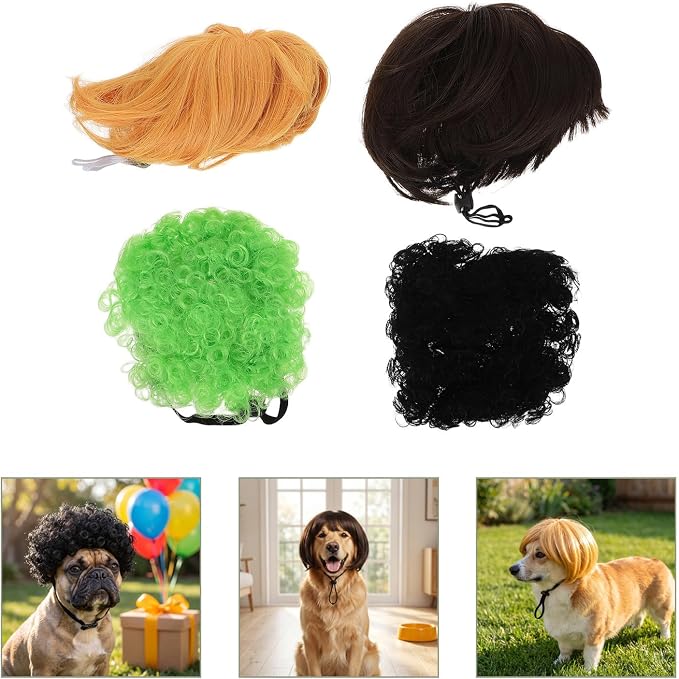 Toddmomy 4pcs Pet Headwear Wigs for Dogs and Cats, Removable Curly Afro Pet Costume Wig with Adjustable Straps and Built-in Elastic Band, for Festive Photo Props and Themed Photoshoots