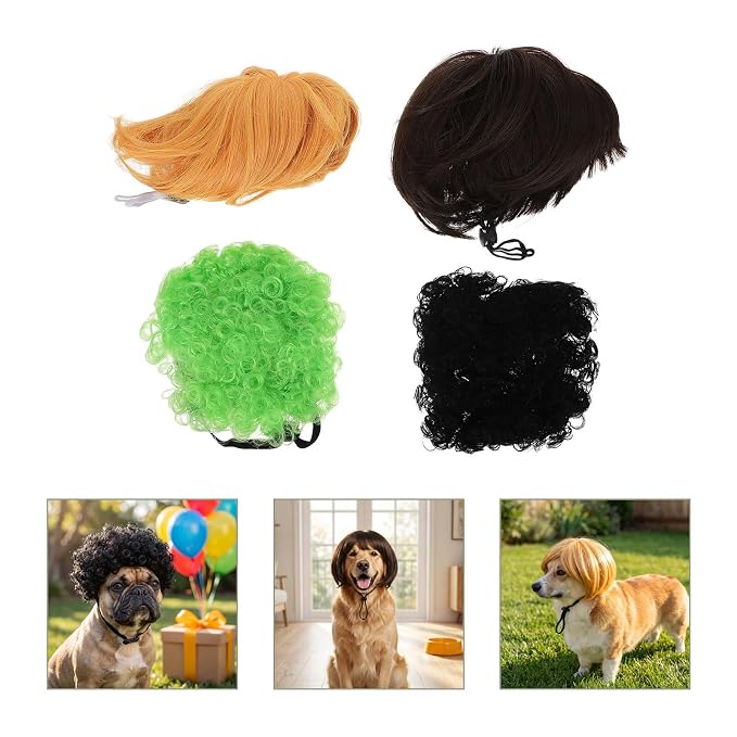 Mikinona 4pcs Pet Wig for Halloween Costume and Themed Photoshoots Soft Cosplay Wig for Dogs and Cats Adjustable Straps Snug Fit High Temperature Wire Material Faux Accessories Included