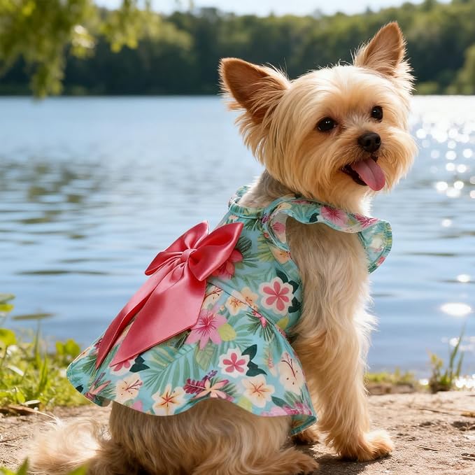 Dog Dress with Sleeve Ruffles, Floral Pet Dresses with Bow Tie for Small Meduim Dogs Puppy Cats Girl, Cute Princess Dog Dresses Skirt Clothes Outfits for Spring Summer, Green S