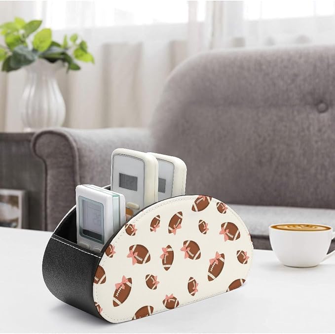 TV Remote Control Organizer Pink Bow Football White 5 Compartment Caddy Box | Pink Bow Football White, PU Leather Desk Storage Bag Fits Controller, Makeup Brushes, Media Player, Office Supplies