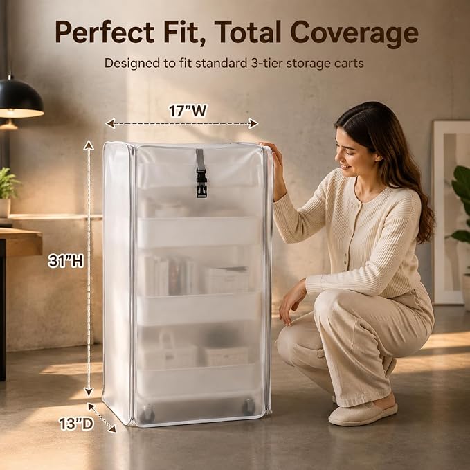 Utility Cart Cover Heavy Duty Dustproof Fits 17x13x31in Supply Cart | Frosted semi-transparent PVC cover keeps cart contents visible yet neat, moisture, and daily home clutter buildup