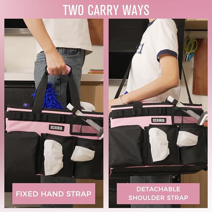 SCAVATA Wearable Cleaning Caddy Bag, Cleaning Caddy Supplies Organizer with Handle & Shoulder Straps for Housekeepers, Under Sink & Car Cleaning Tool Organizers with 4 Foldable Divider (SweetPink)
