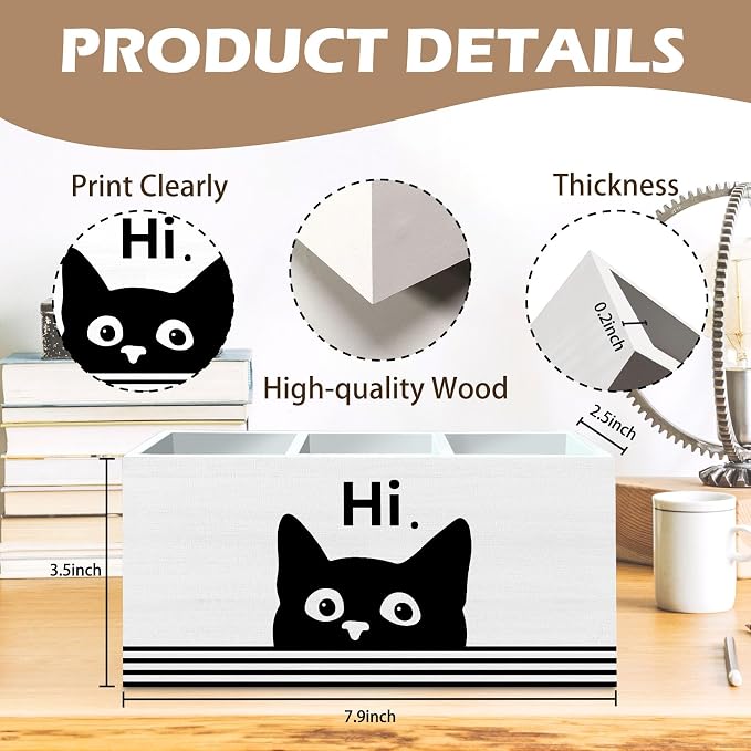 DILSJ Funny Black Cat Pen Pencil Holder Organizer for Desk, Black Cat Lovers Gifts for Women Men, Gifts for Pet Lovers, Hi Funny Kitten Wooden Box Signs for Home Office Desk Tabletop Decoration