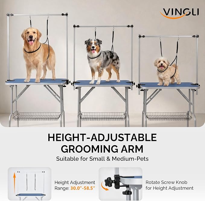VINGLI Dog Grooming Table, Adjustable Cat Grooming Desktop with Arms and Storage Basket, Pet Grooming Stand at Home (Blue, 32 inch)